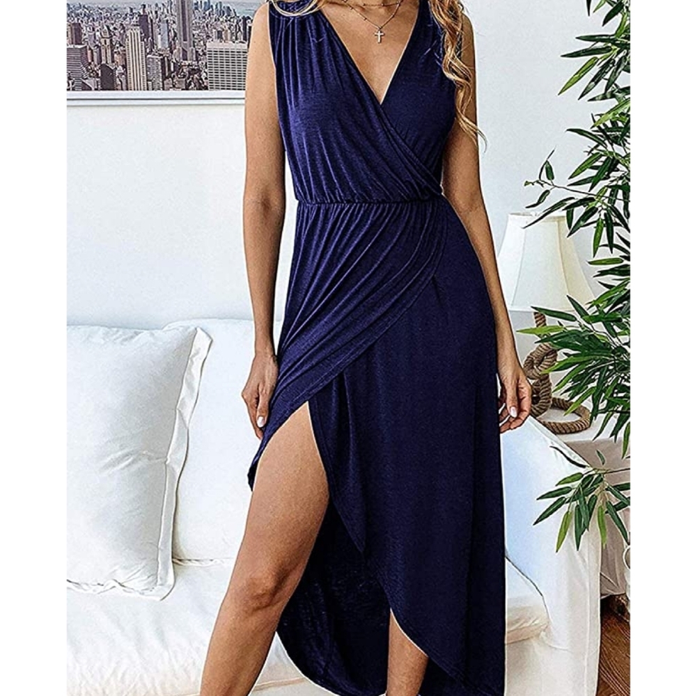 NWT Casual Sexy Deep V Neck Wrap Sleeveless Slit